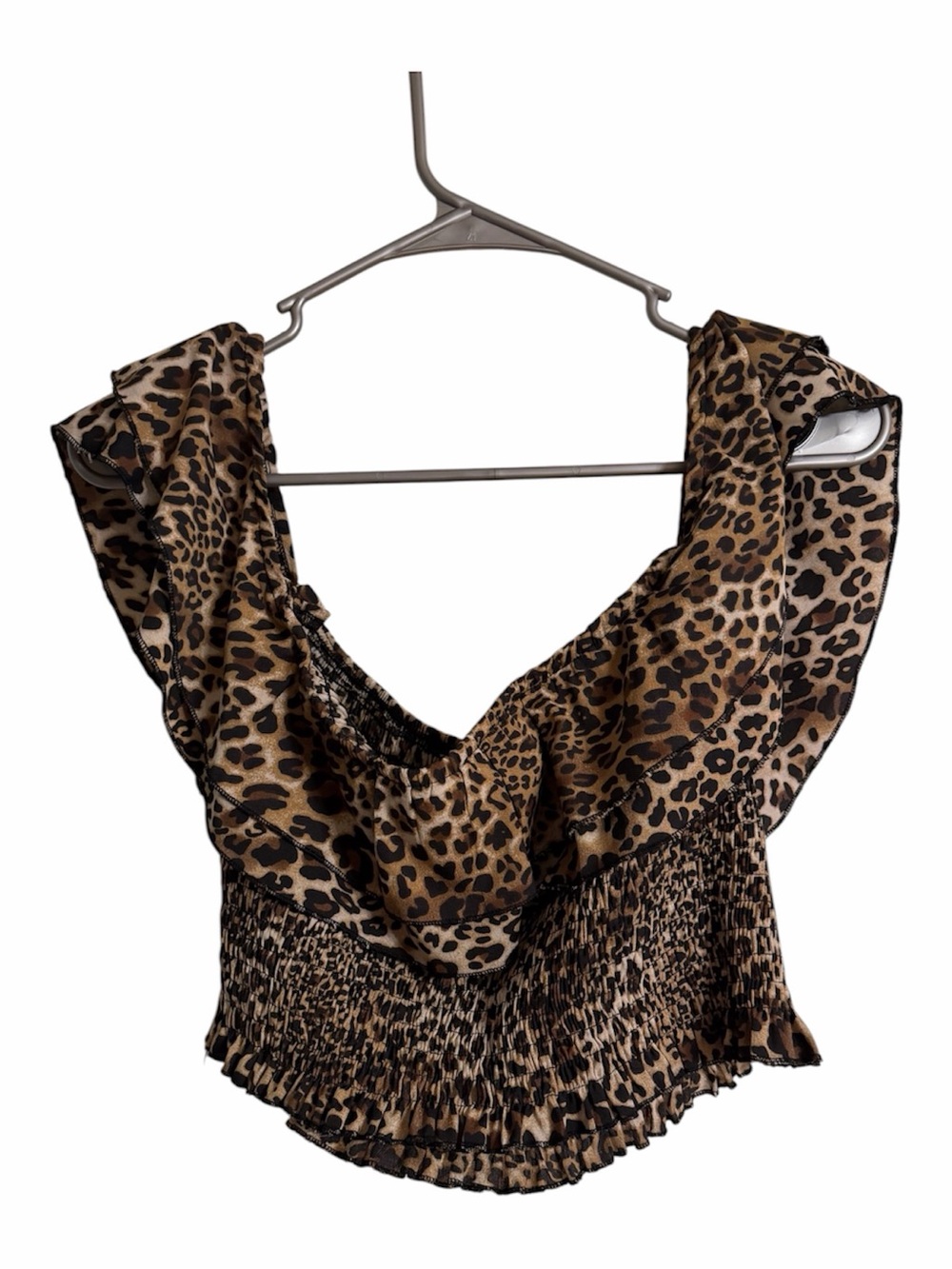 Leopard-Print Ruffle Smocked Crop Top - Brown Size L - Picture 2 of 3